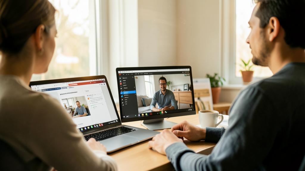 Deux personnes en visioconférence avec une troisième sur un écran d'ordinateur, dans un bureau à domicile.