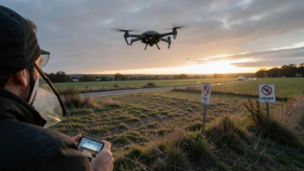 Une personne pilote un drone avec un contrôleur smartphone dans un champ à coucher de soleil.