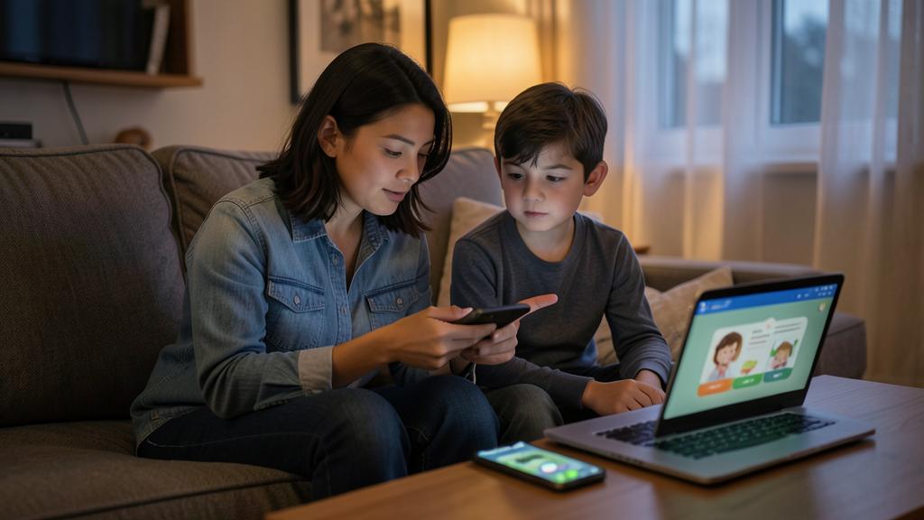 Une femme et un jeune garçon regardent un ordinateur et un smartphone affichant des contenus éducatifs.