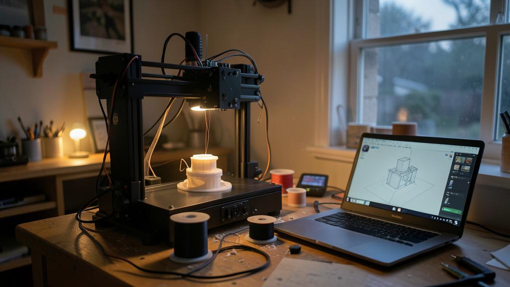 Une imprimante 3D fabrique un objet blanc sur un bureau en bois, avec un ordinateur affichant un modèle 3D.