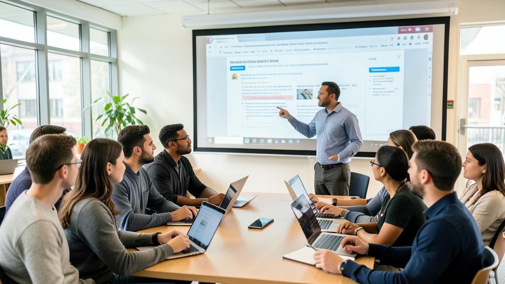 Un homme présente une page sur la cybersécurité à un groupe dans un bureau moderne.