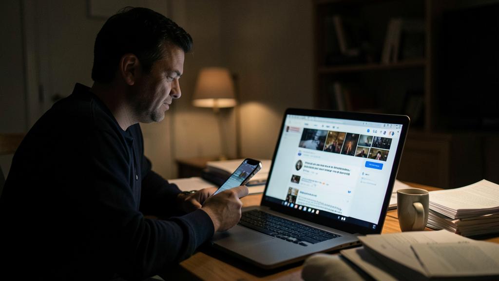 Un homme assis à un bureau dans une pièce faiblement éclairée regarde un écran d'ordinateur affichant un fil d'actualité sur les réseaux sociaux, tenant un smartphone.