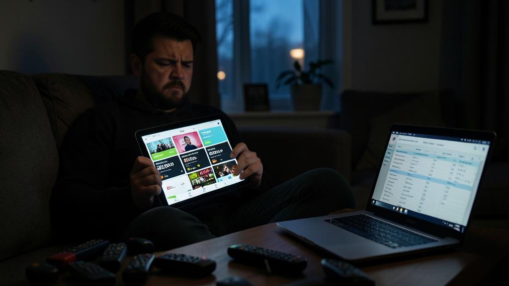 Ein Mann sitzt auf einem Sofa und hält ein Tablet mit einer Streaming-Oberfläche, während ein Laptop daneben eine Tabelle seiner Abonnements anzeigt.