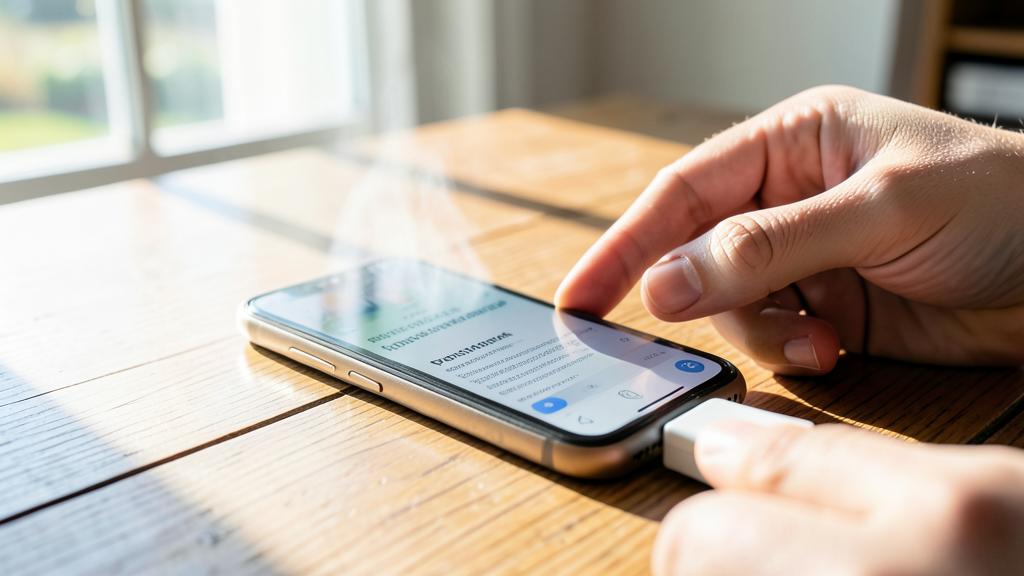 Des mains utilisent un smartphone branché sur un chargeur, avec de la lumière du soleil à travers une fenêtre.