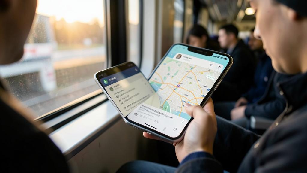 Eine Person hält zwei Smartphones, eines faltbar, in einem fahrenden Zug.