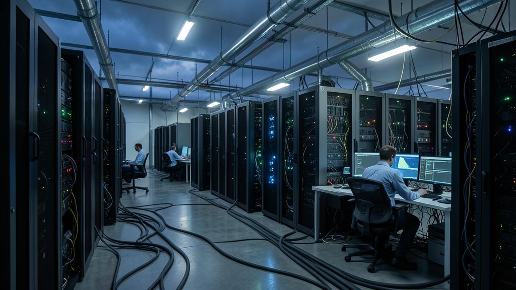 Un centro de datos con filas de racks de servidores y técnicos trabajando en estaciones de computación.