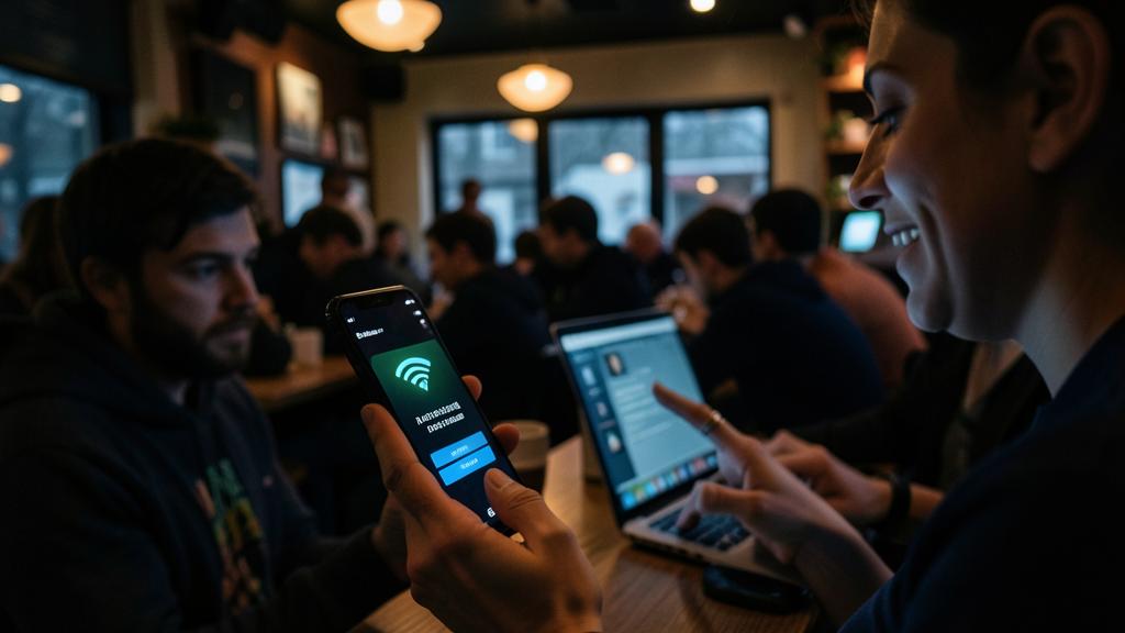 Une personne tient un smartphone affichant un écran de connexion Wi-Fi, tandis qu'une autre utilise un ordinateur portable dans un espace public.