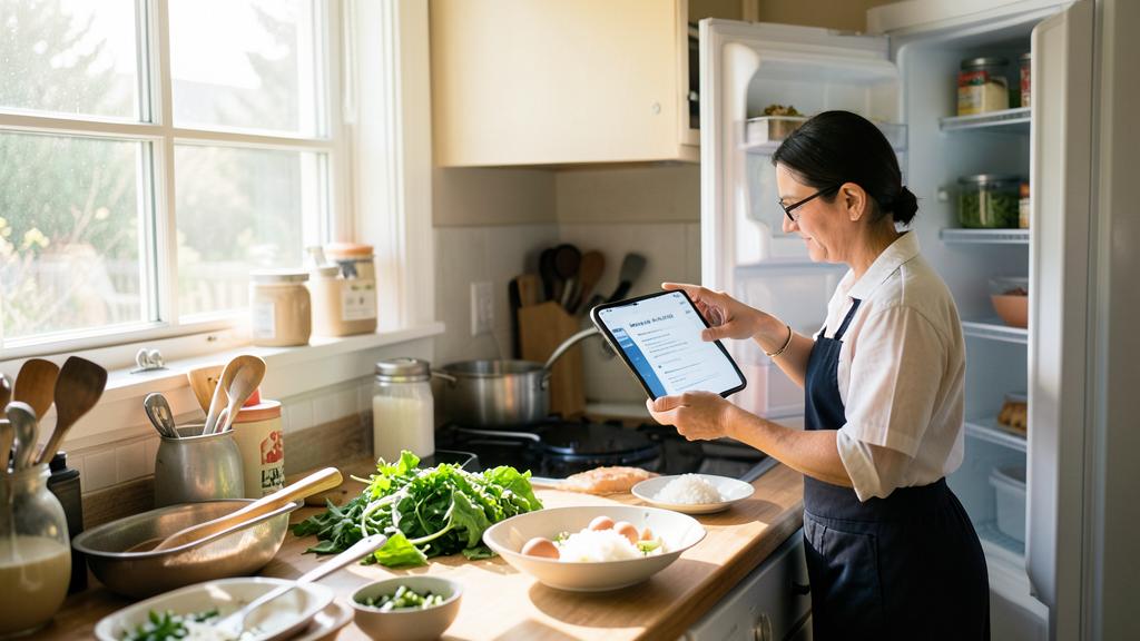 Eine Frau in einer Schürze nutzt ein Tablet, um ein Rezept in der Küche zu verfolgen.