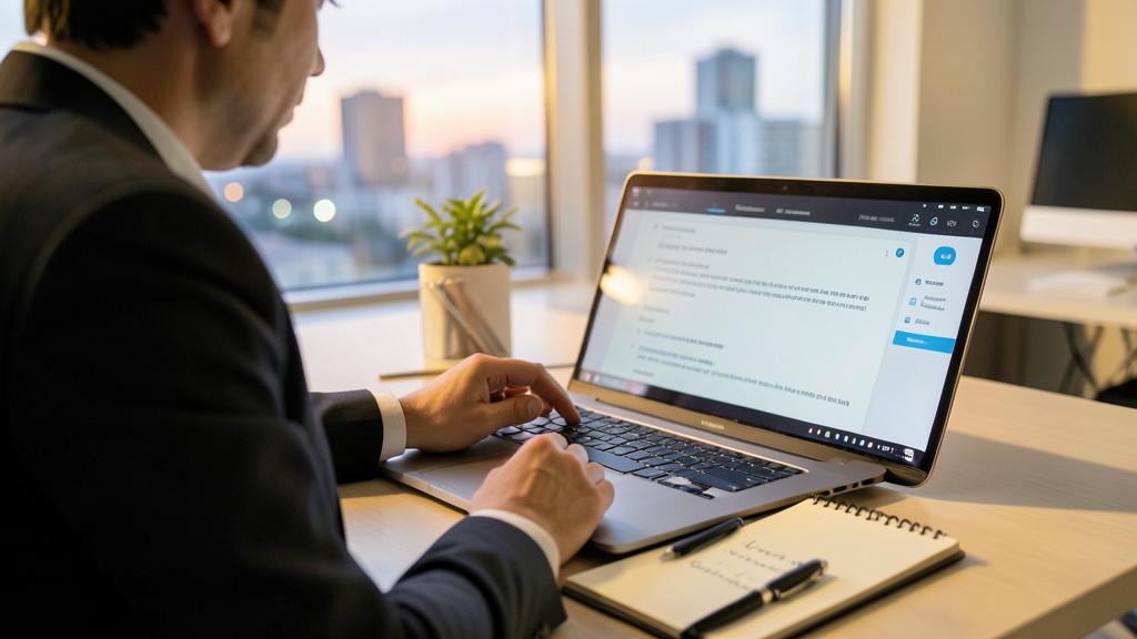 Un homme en costume tape sur un ordinateur affichant une interface d'email avec des fonctionnalités d'IA.
