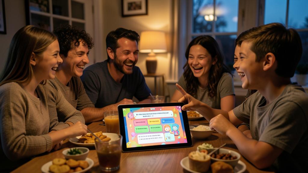 Une famille de cinq personnes rit et interagit autour d'une table avec une tablette affichant un quiz éducatif coloré.