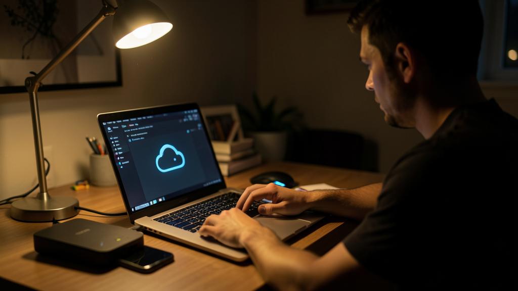 Un hombre usa una computadora portátil en una habitación poco iluminada, con la pantalla mostrando un icono de almacenamiento en la nube y un dispositivo de respaldo en el escritorio.