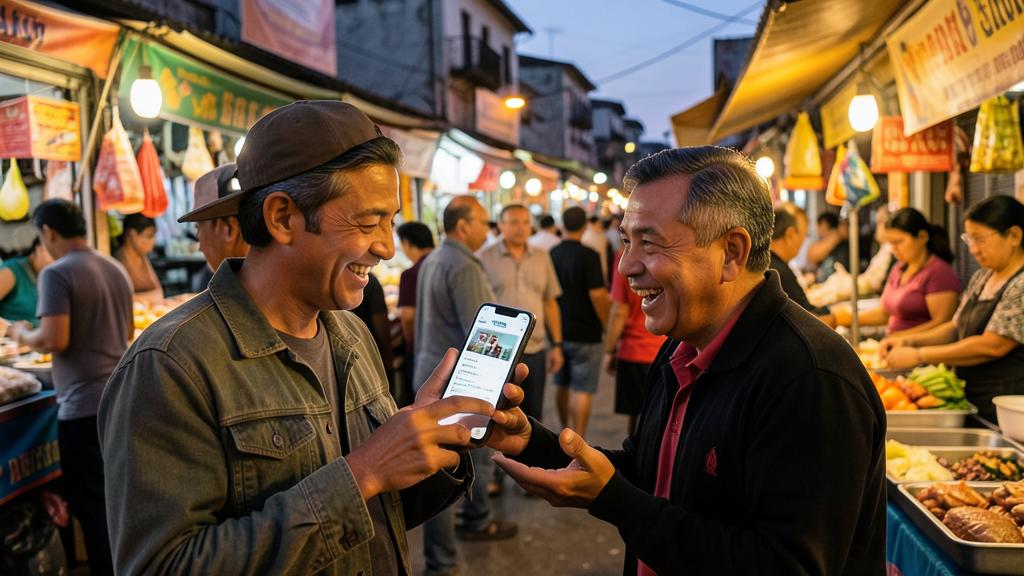 Two men are smiling and looking at a smartphone together at a bustling outdoor market.