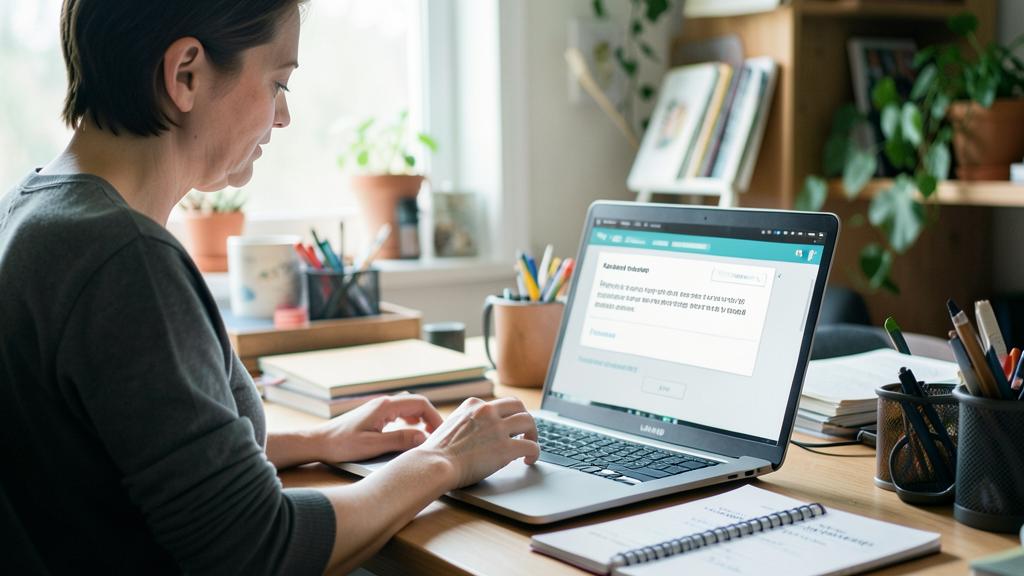 Une femme tape sur un ordinateur portable affichant un texte en cours d'édition.