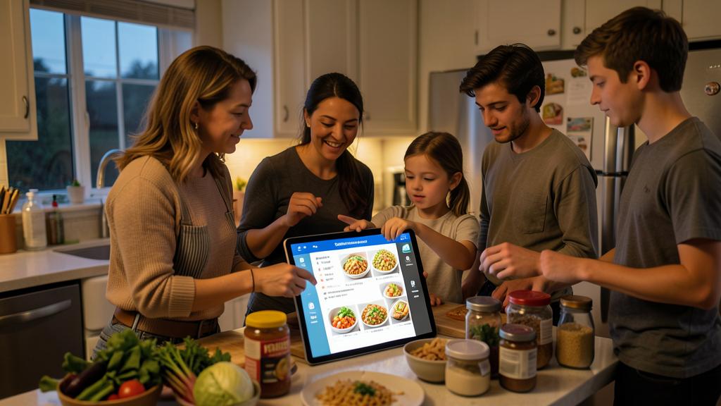 Une famille de cinq personnes regarde une tablette affichant une application de planification de repas.