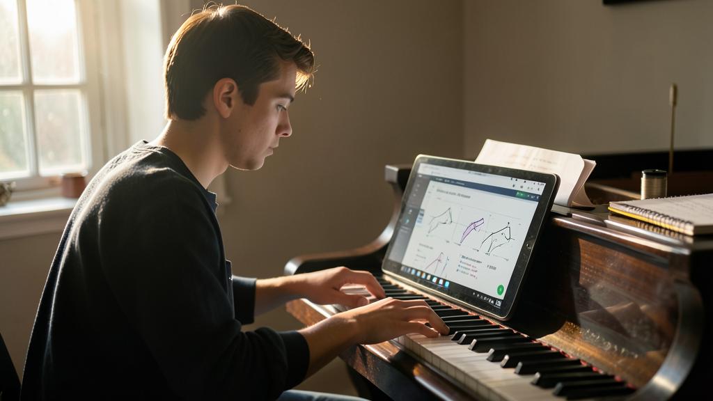 Ein junger Mann spielt Klavier und nutzt dabei ein Tablet mit Musikanalyse-Software.