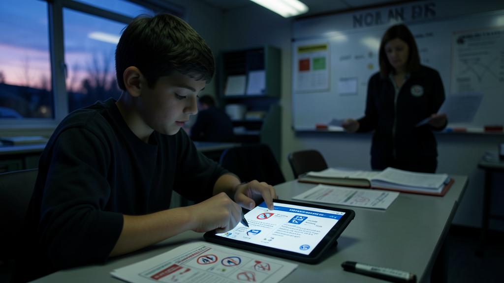 Un jeune garçon étudie les panneaux de signalisation sur une tablette en classe, avec un enseignant en arrière-plan.