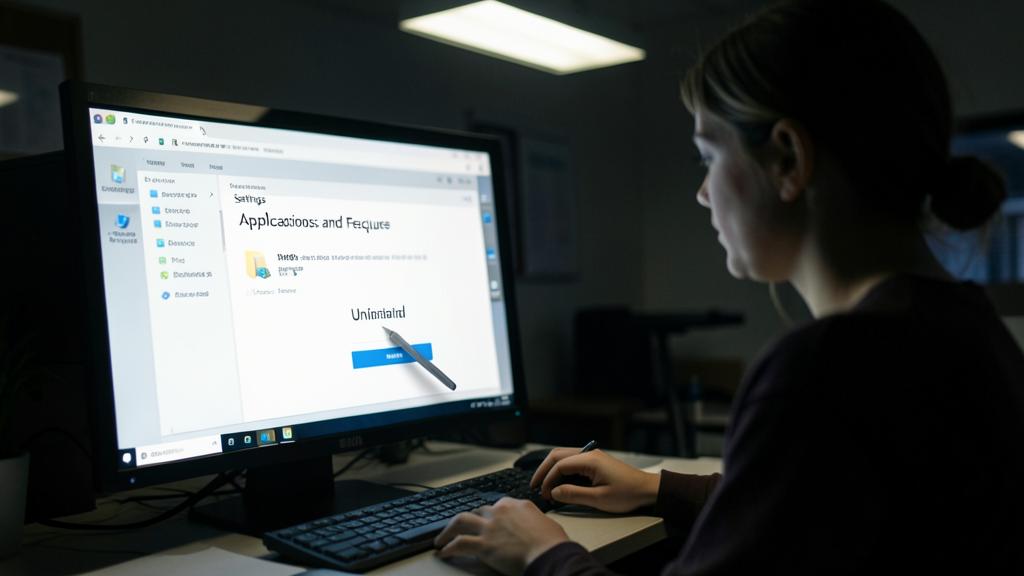 A person is using a computer to uninstall software, with the 'Uninstall' button highlighted.
