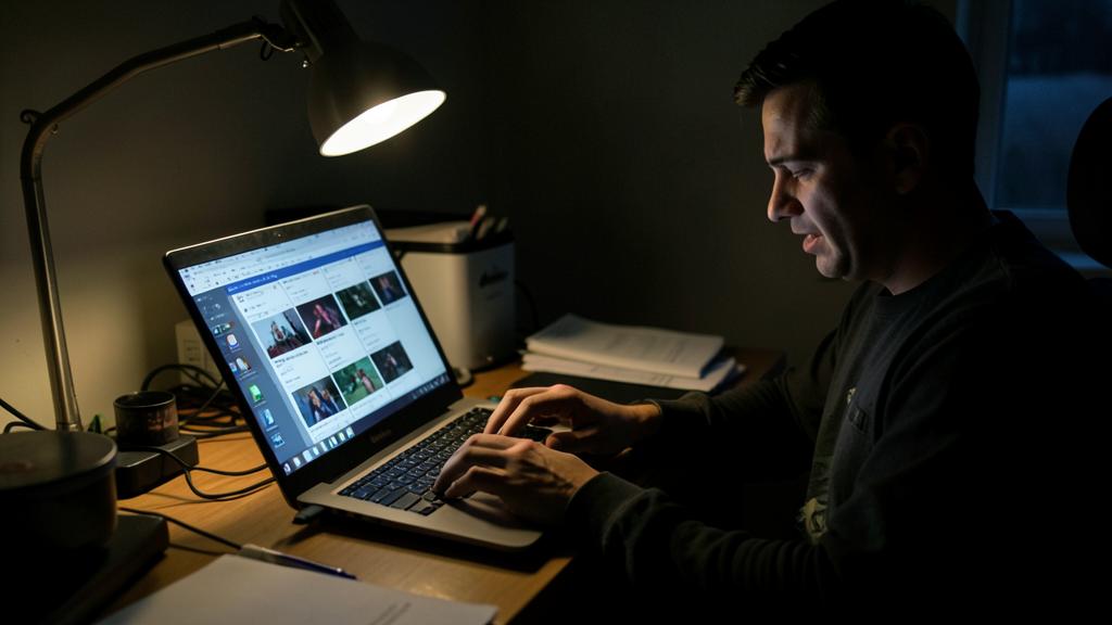 A man is sitting at a desk in a dimly lit room, using a laptop with a web browser open, illuminated by a desk lamp.
