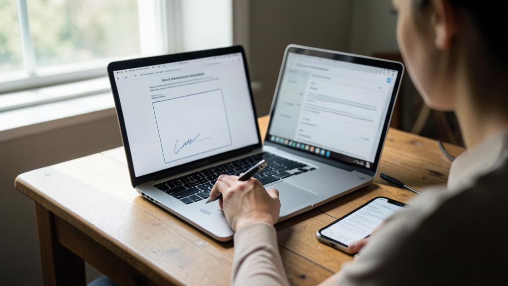 Una persona usa una computadora portátil con una interfaz de firma digital, sosteniendo un lápiz sobre el trackpad, con otra computadora y un smartphone cerca.