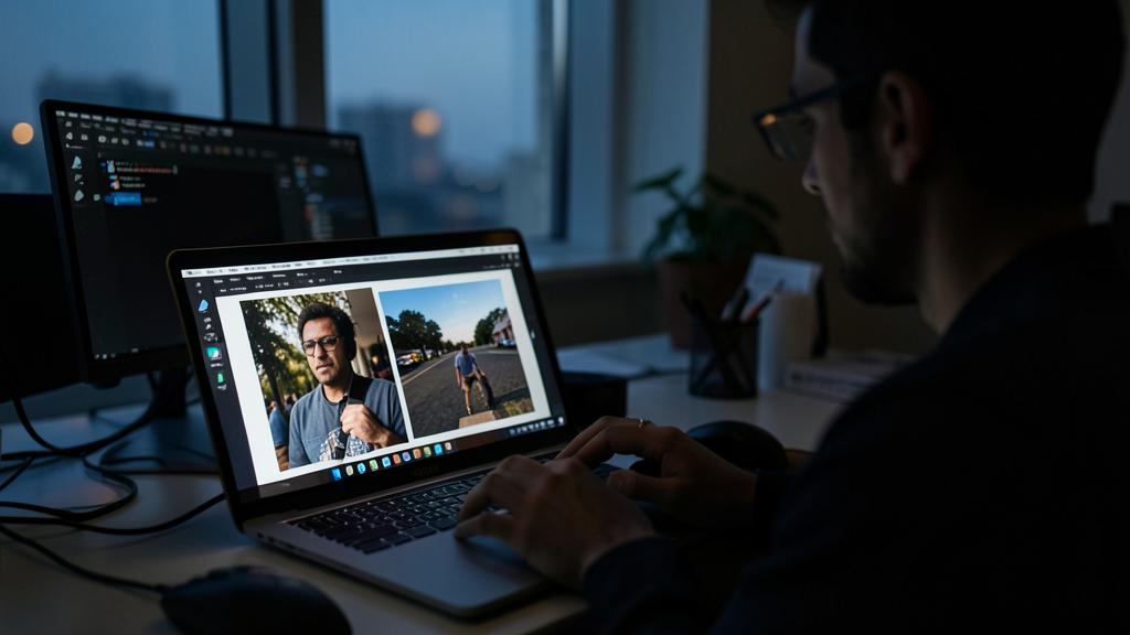Un homme utilise un ordinateur portable pour modifier des images, avec deux photos à l'écran.