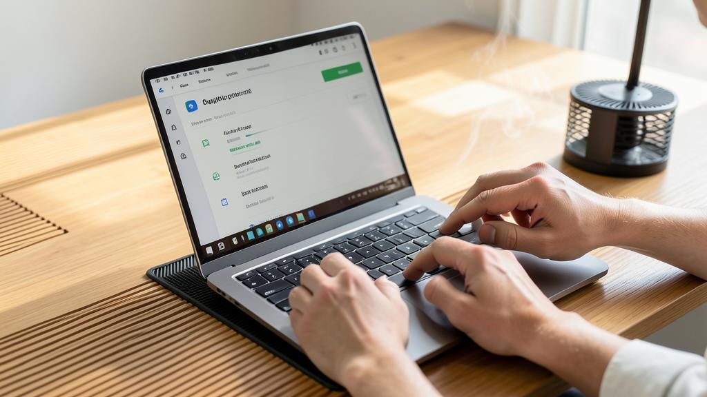 Une personne utilise un ordinateur portable sur un bureau en bois, affichant une interface d'optimisation de la batterie.