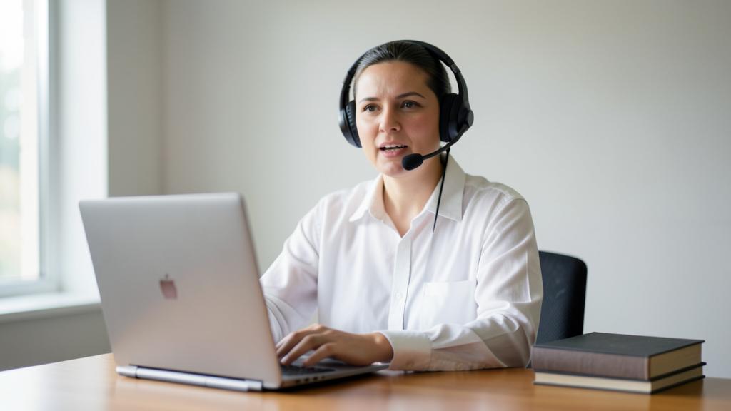 Une femme porte un casque avec microphone et utilise un ordinateur portable pour une communication en ligne.