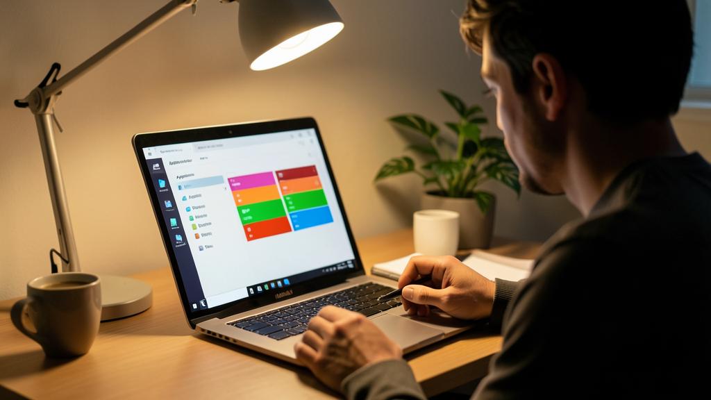 Une personne utilise un ordinateur portable affichant une interface de gestion de fichiers pour analyser l'espace disque.