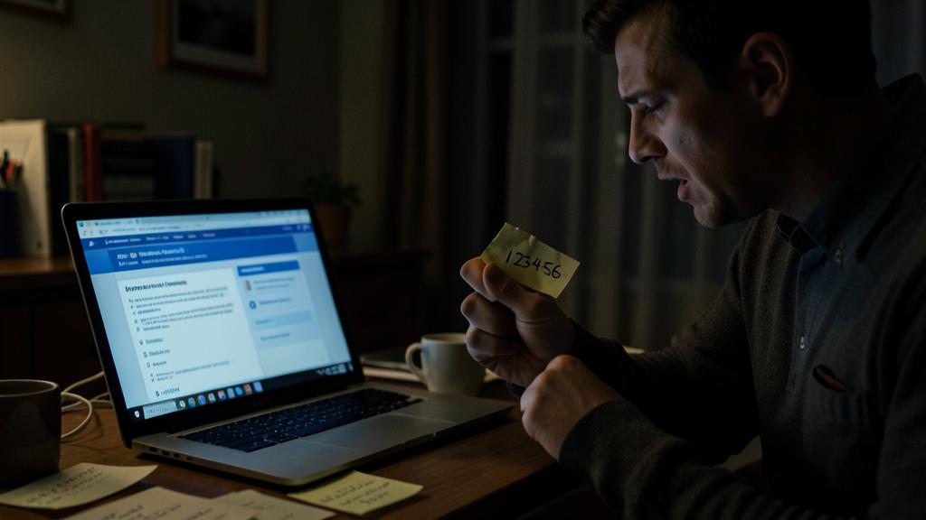 Un homme regarde un post-it avec des chiffres à côté d'un ordinateur portable.