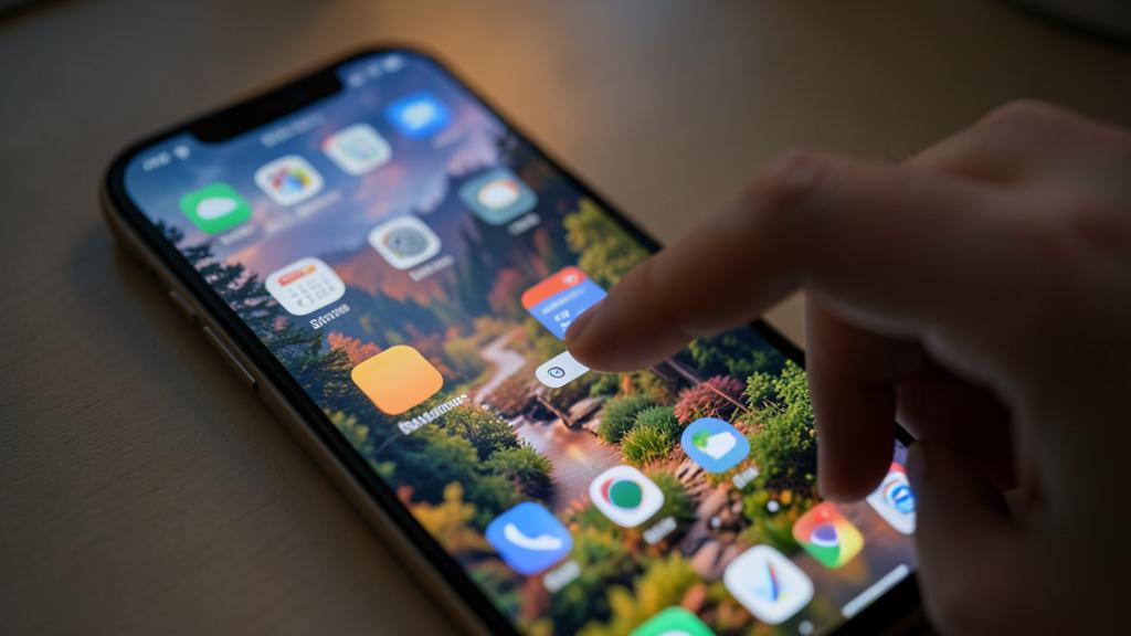 Une personne interagit avec un smartphone affichant un écran d'accueil personnalisé avec des icônes et des widgets.