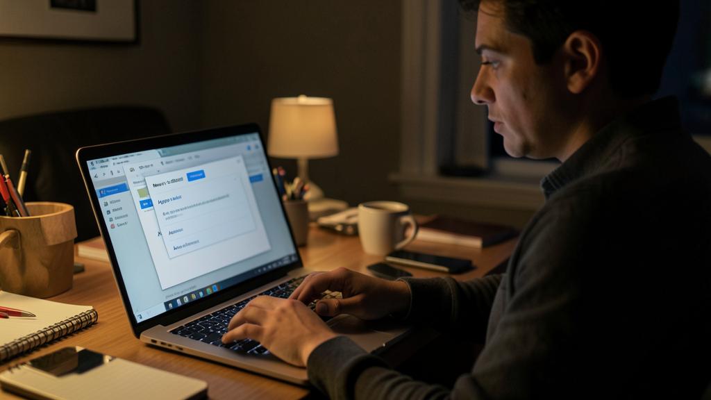 A man sits at a desk in a dimly lit room, using a laptop to set up email filters.