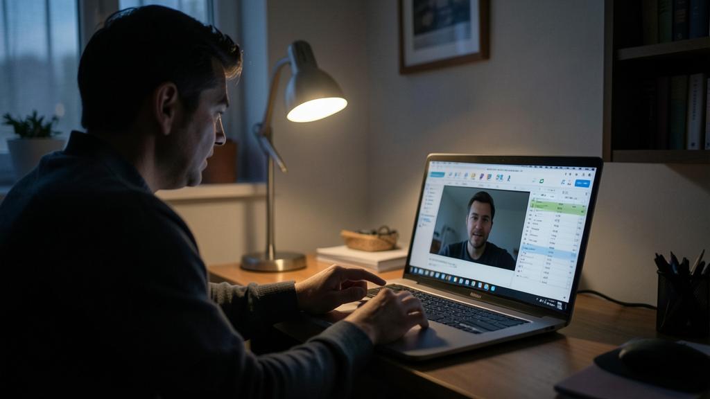 Un homme utilise un ordinateur portable pour un appel vidéo avec un autre homme, affichant un tableau.