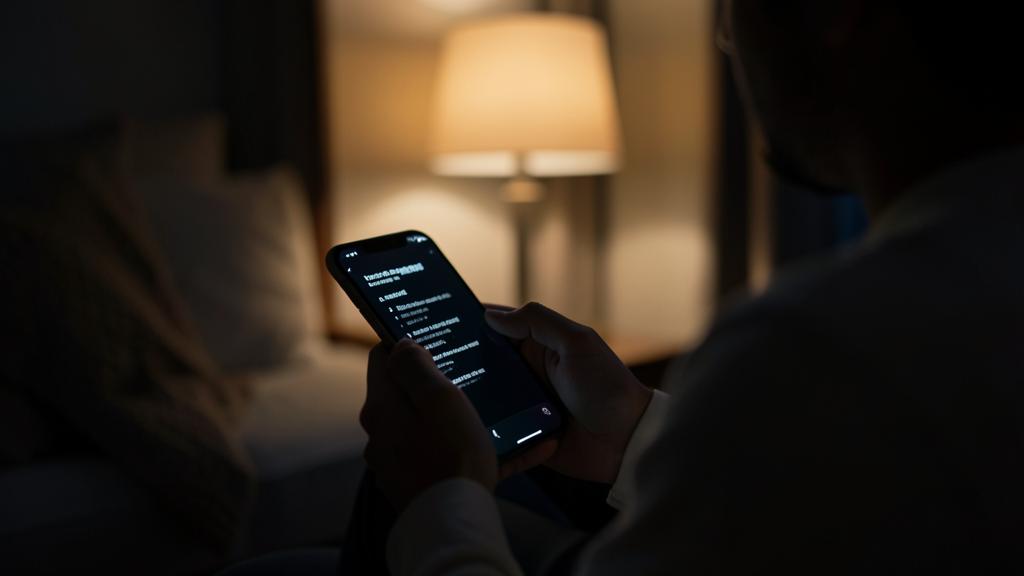 Eine Person nutzt ein Smartphone in einem dunklen Raum, der Bildschirm zeigt einen dunklen Modus.