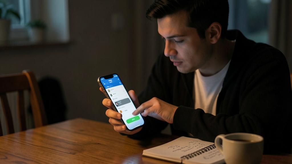 Un hombre sentado en una mesa de madera en una habitación poco iluminada, concentrado en su smartphone que muestra una aplicación de mensajería con un botón verde.