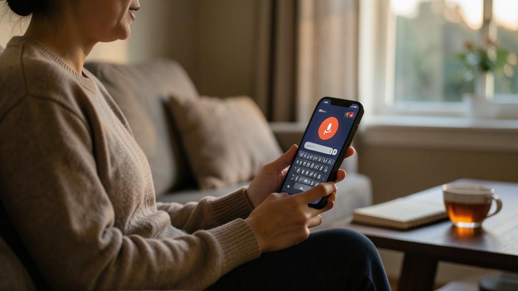 A woman uses voice dictation on her smartphone, with the microphone icon and keyboard visible on the screen.