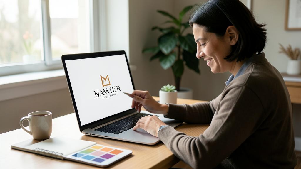 Une femme sourit en utilisant un ordinateur affichant un logo pour 'NAMIER' avec une palette de couleurs et un carnet sur le bureau.