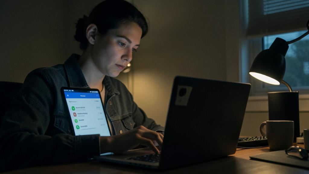 Eine Frau nutzt einen Laptop und ein Tablet in einem schwach beleuchteten Raum, wobei eine Liste von Anwendungen auf dem Bildschirm angezeigt wird.