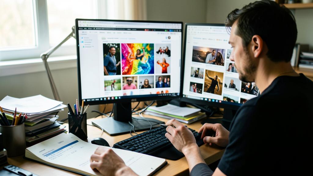 Ein Mann arbeitet an einem Doppelmonitor-Setup, während er eine Website mit einem Raster von Bildern durchstöbert.