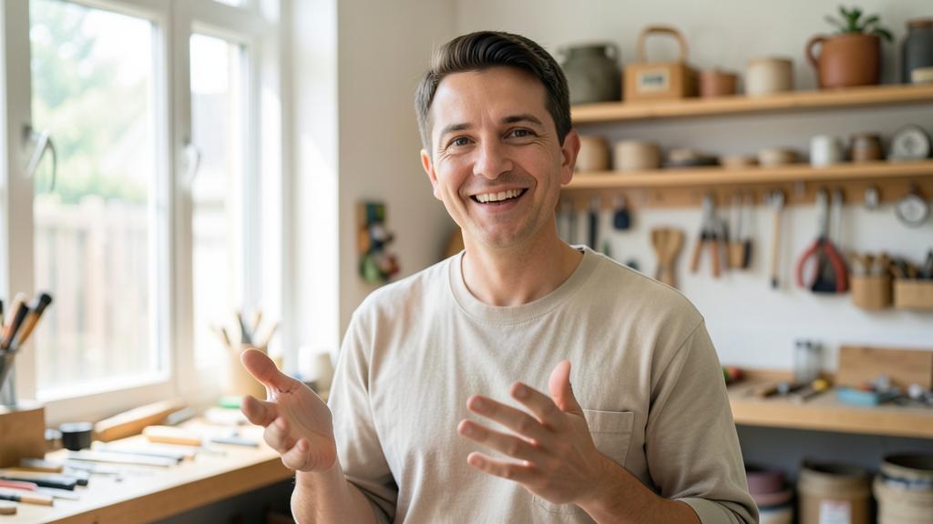 A man in a workshop smiles and gestures while explaining something.