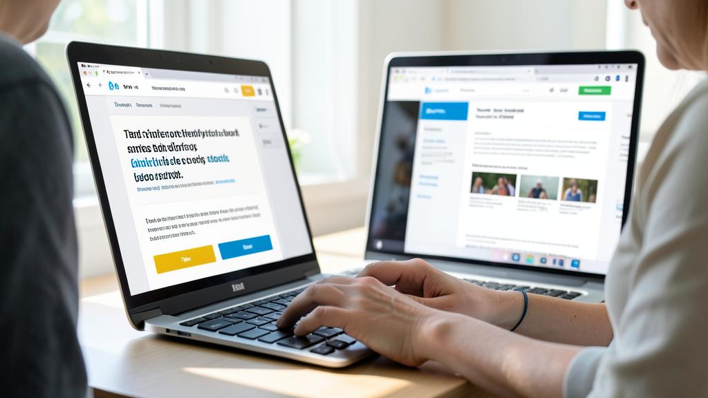 Deux personnes utilisent des ordinateurs, l'un affichant un site web accessible, l'autre un site standard.