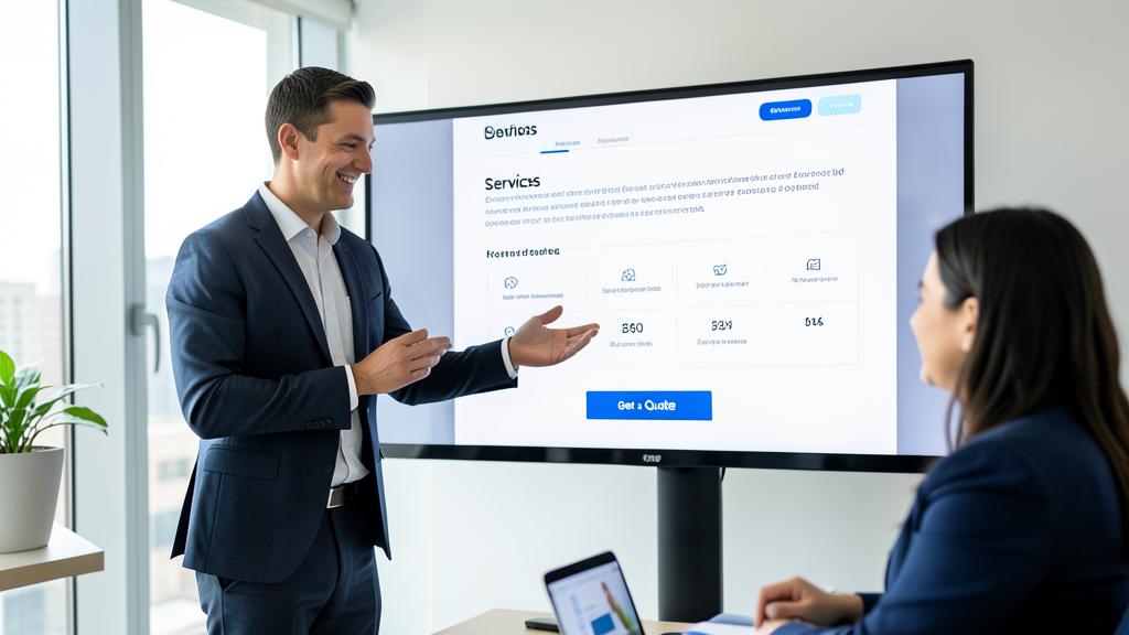 Un homme en costume présente une page web intitulée 'Services' à une femme dans un bureau moderne.