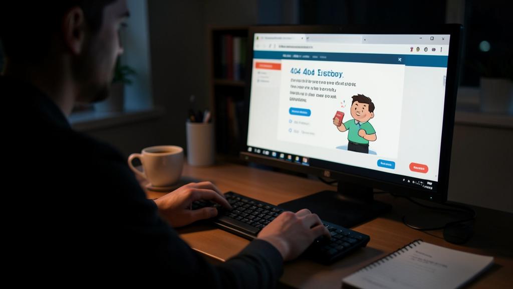 Une personne utilise un ordinateur affichant une page d'erreur 404 avec un personnage de dessin animé tenant une carte rouge.
