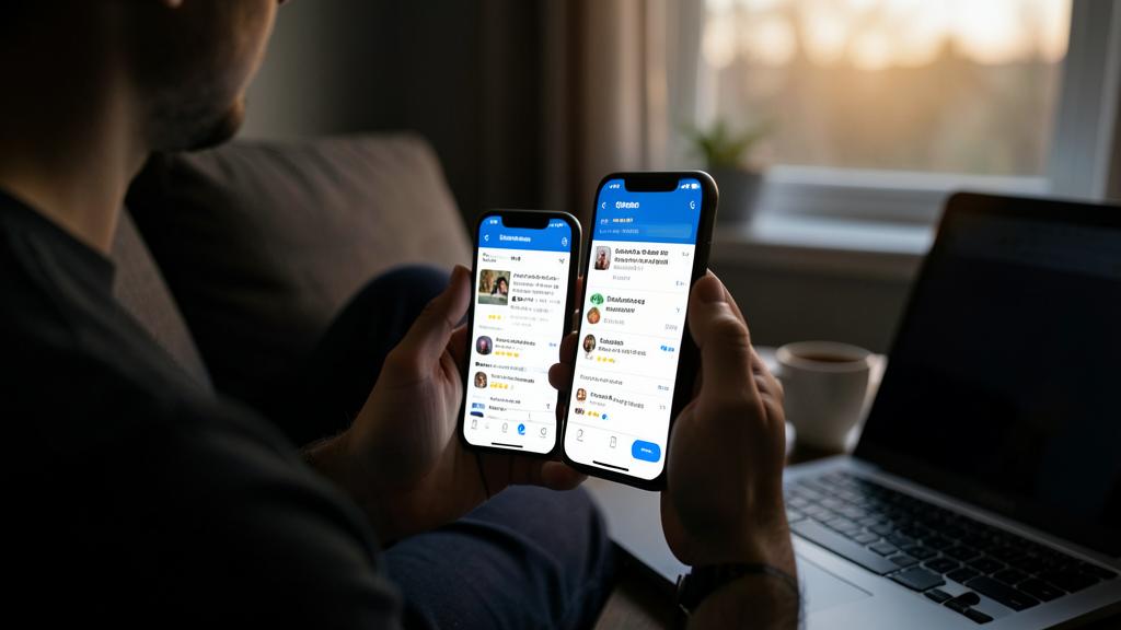 Une personne tenant deux smartphones affichant une application de messagerie.