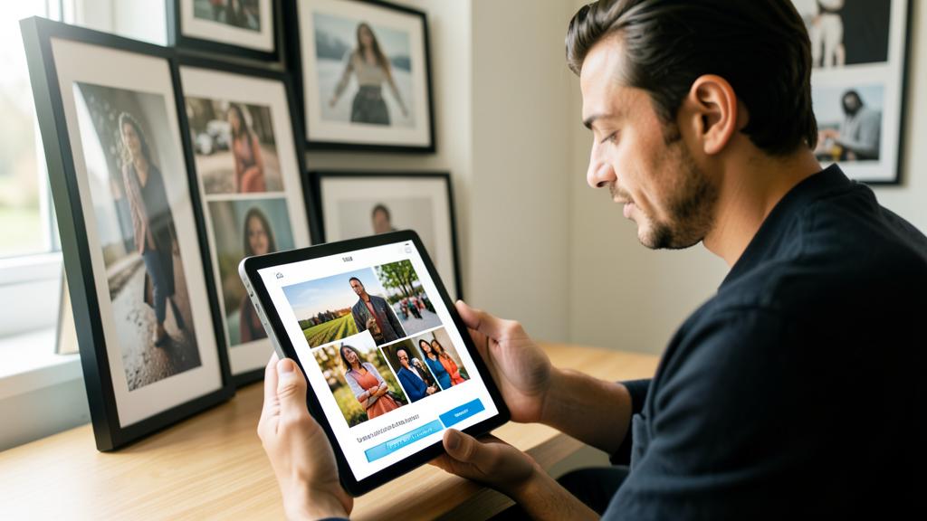 Un hombre mira un portafolio fotográfico en una tableta, con fotografías enmarcadas al fondo.