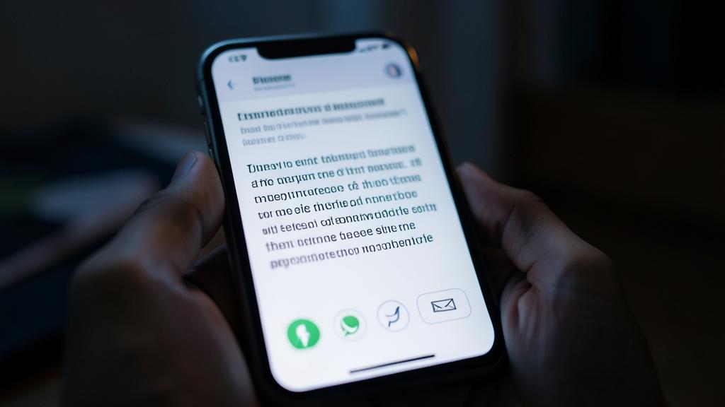 Des mains tiennent un smartphone affichant une application de messagerie avec un message et des options de partage.