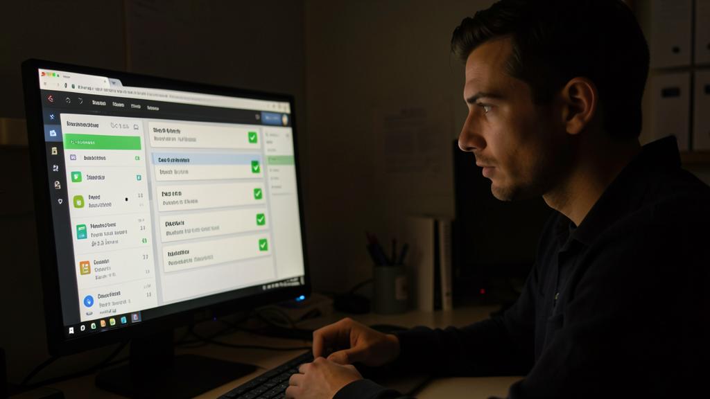 Un homme travaille sur un ordinateur affichant une interface de gestion de site avec des tâches à accomplir.