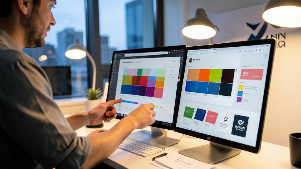 Ein Mann arbeitet an einem Schreibtisch mit zwei Monitoren, die Farbpaletten und Branding-Elemente anzeigen.
