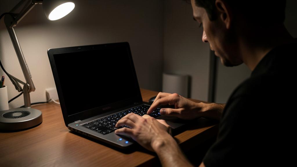 Une personne utilise un ordinateur portable avec un écran noir dans une pièce faiblement éclairée.