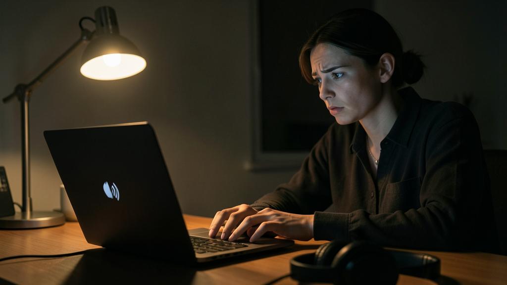Eine Frau sitzt an einem Schreibtisch in einem schwach beleuchteten Raum und nutzt einen Laptop mit besorgtem Gesichtsausdruck.