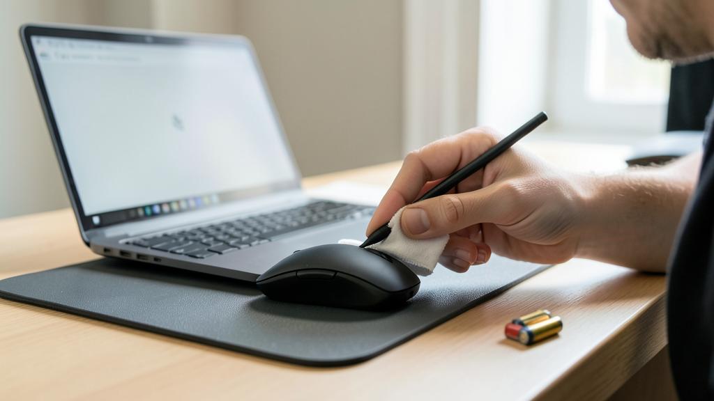 Une personne nettoie une souris d'ordinateur avec un chiffon devant un ordinateur portable ouvert.