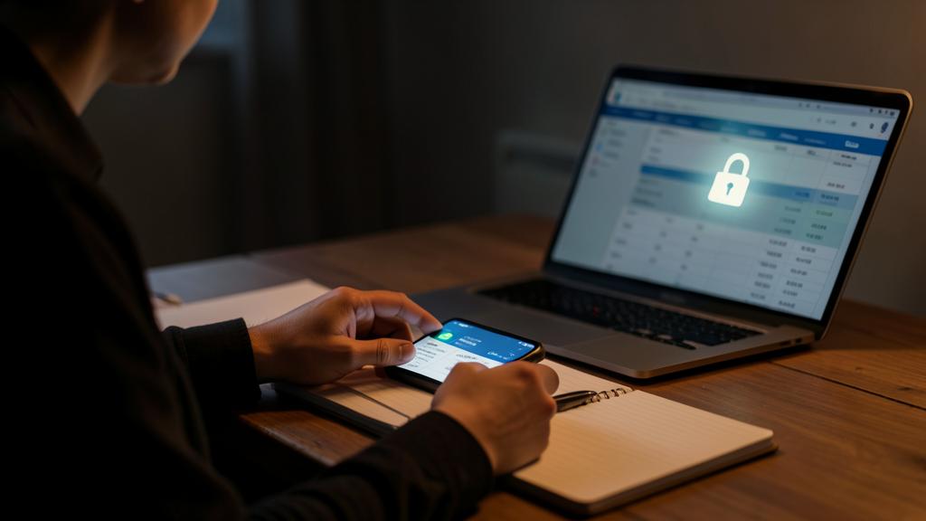 Une personne utilise un smartphone et un ordinateur affichant une application de gestion financière sécurisée.